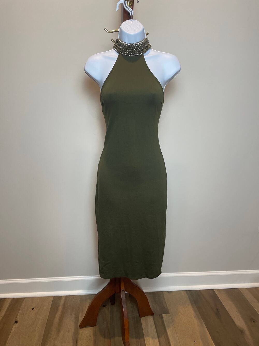 Lac Bleu Women’s Bodycon Halter Dress Rayon Blend Size M Olive Green